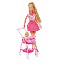 Papusa Steffi in rochita roz si cu carucior bebe