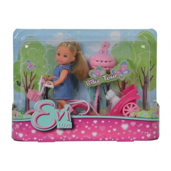 Papusa Evi cu animalut la plimbare si bicicleta 