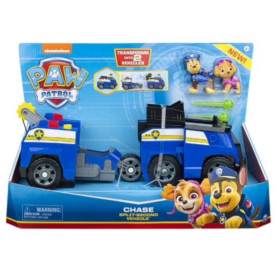 Masina de politie  2 in 1 Split Second Chase Patrula Catelusilor cu 2 figurine