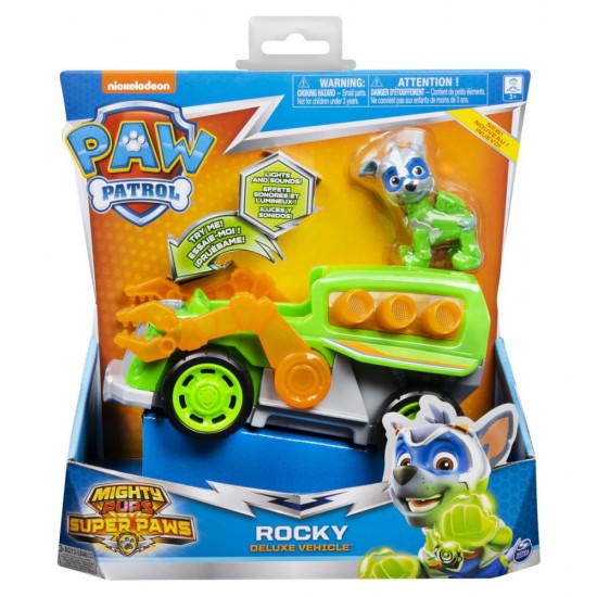 Set figurina Rocky si masina cu lumini si sunete Patrula Catelusilor 