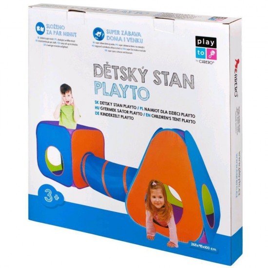 Cort de joaca cu tunel 3 in 1 PlayTo Albastru/Portocaliu