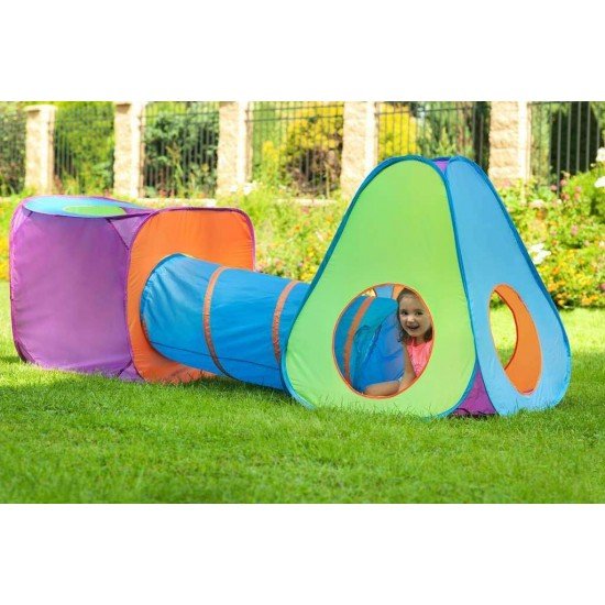 Cort de joaca cu tunel 3 in 1 PlayTo Albastru/Portocaliu