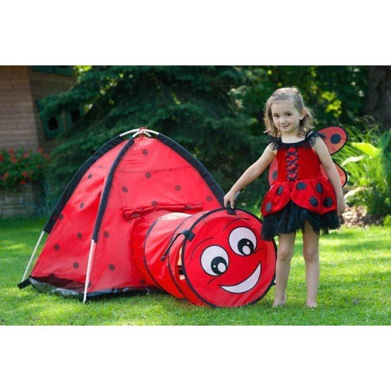 Cort  de joaca cu tunel pentru copii Playto Ladybug Rosu