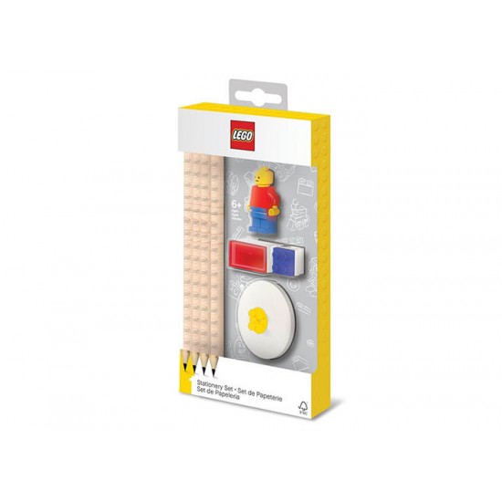 Set LEGO cu o minifigurina, 4 creioane, 1 topper, 1 ascutitoare 