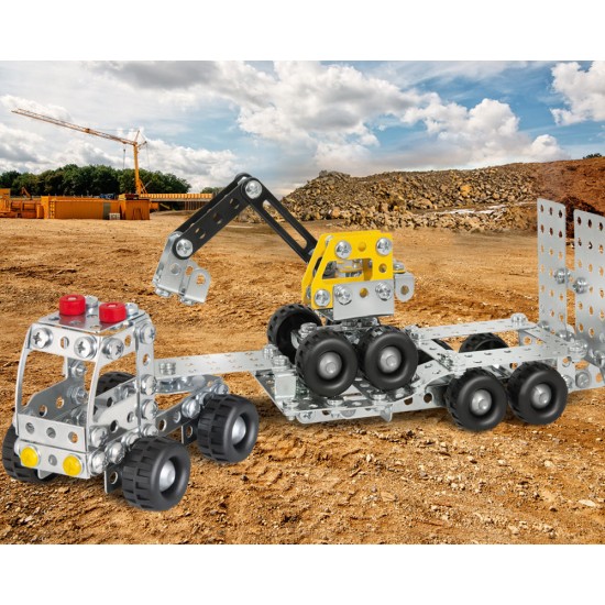 Set constructie Eitech - Camion cu remorca si excavator 375 piese