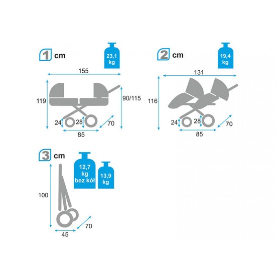 Carucior pentru gemeni MyKids Twinni Blue 3 In 1