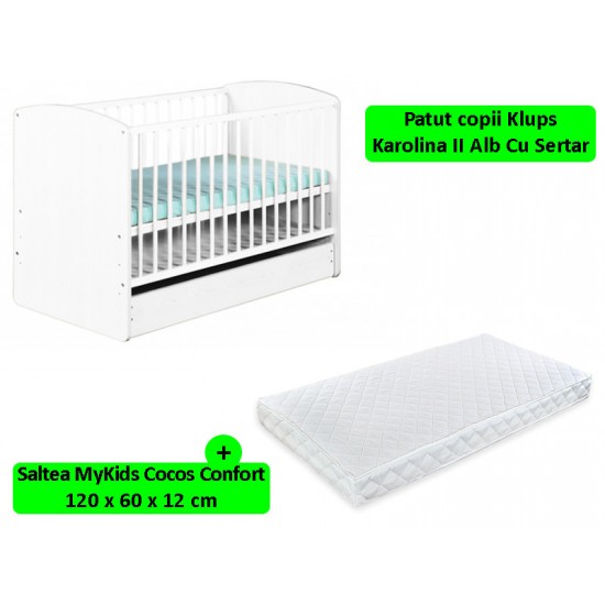 Patut cu sertar Klups Karolina II Alb + Saltea 12 MyKids