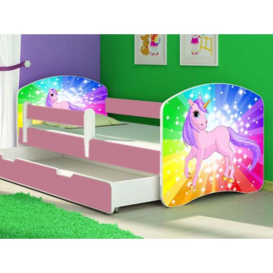 Patut tineret MyKids Rainbow Unicorn cu Sertar si Saltea 140x70