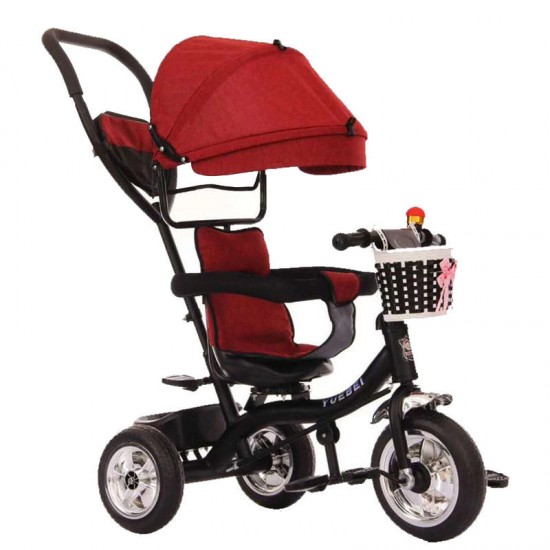 Tricicleta copii cu copertina, maner si cosulet - Rosu