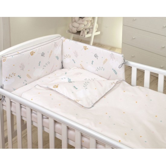 Set lenjerie din bumbac cu protectie laterala pentru pat bebelusi 120 x 60 cm Airy Beige