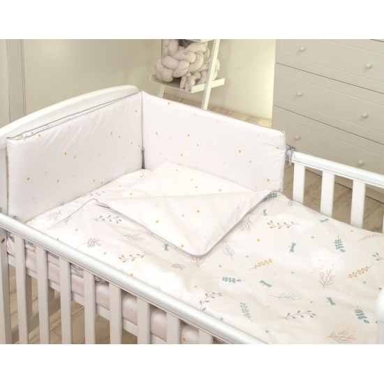 Set lenjerie din bumbac cu protectie laterala pentru pat bebelusi 120 x 60 cm Airy Beige
