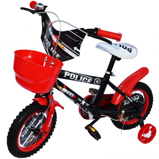 Bicicleta copii 12 inch cu roti ajutatoare si cosulet Police