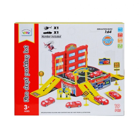 Set parcare cu masinuta si elicopter 19 piese rosu
