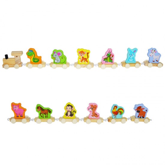 Trenulet educativ din lemn cu animale