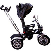 Tricicleta cu maner, scaun rabatabil, muzica, roti cauciuc - Negru