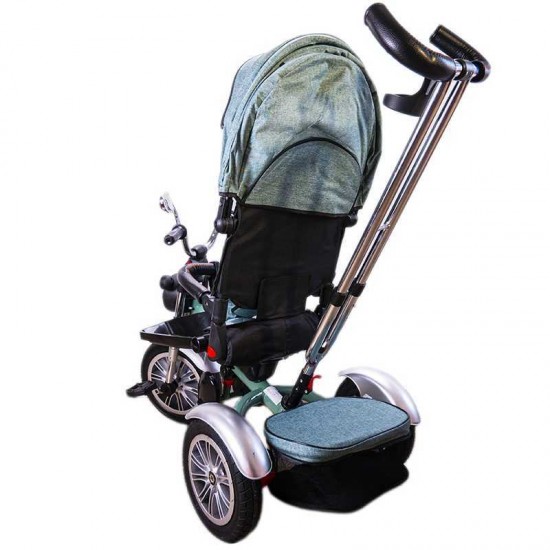 Tricicleta cu maner, scaun rabatabil, muzica si roti cauciuc - Verde