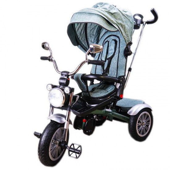 Tricicleta cu maner, scaun rabatabil, muzica si roti cauciuc - Verde