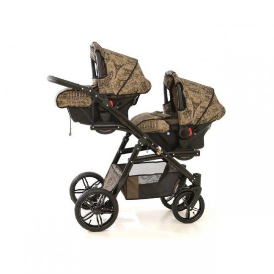 Carucior gemeni PJ Stroller Lux 3 in 1 Brown