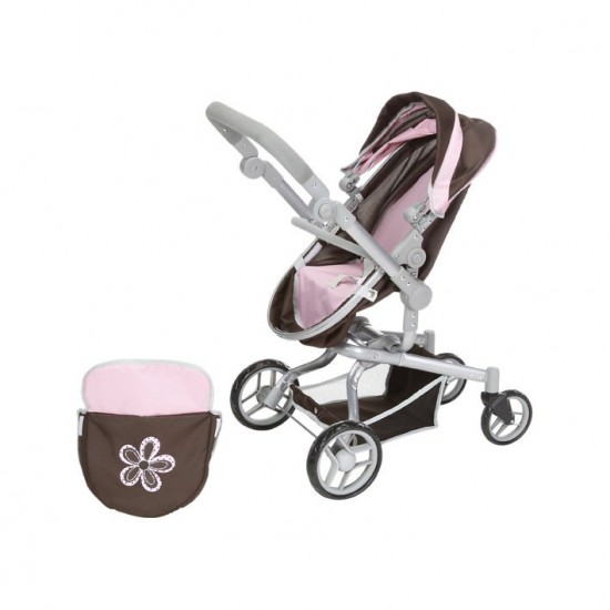 Carucior pentru papusi cu maner reversibil Boonk Brown Flower