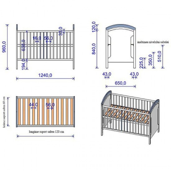 Patut copii din lemn Hubners Anita 120x60 cm Alb-Roz