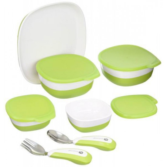 Scaun de masa 4moms White Grey + Set farfurii si tacamuri Cadou